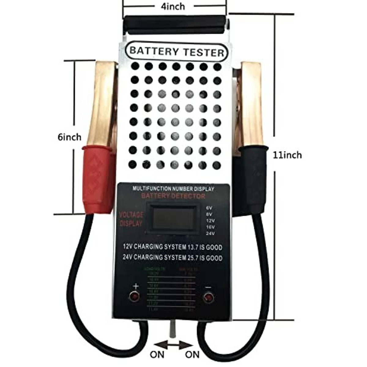 Battery load tester with visible size measurements and red and black clamp leads