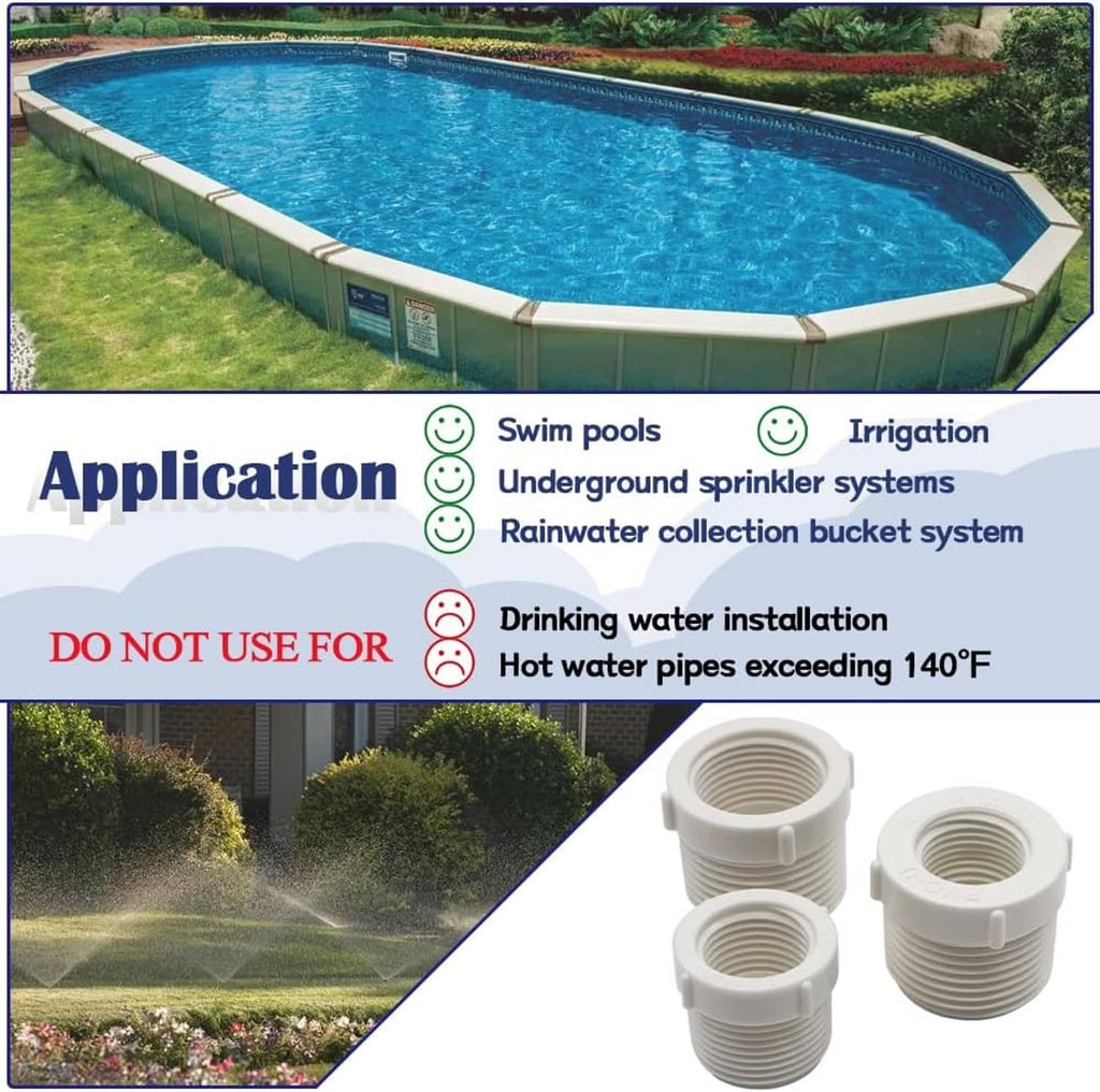 White PVC threaded connector fitting set, 3/4 male to 1/2 female threads