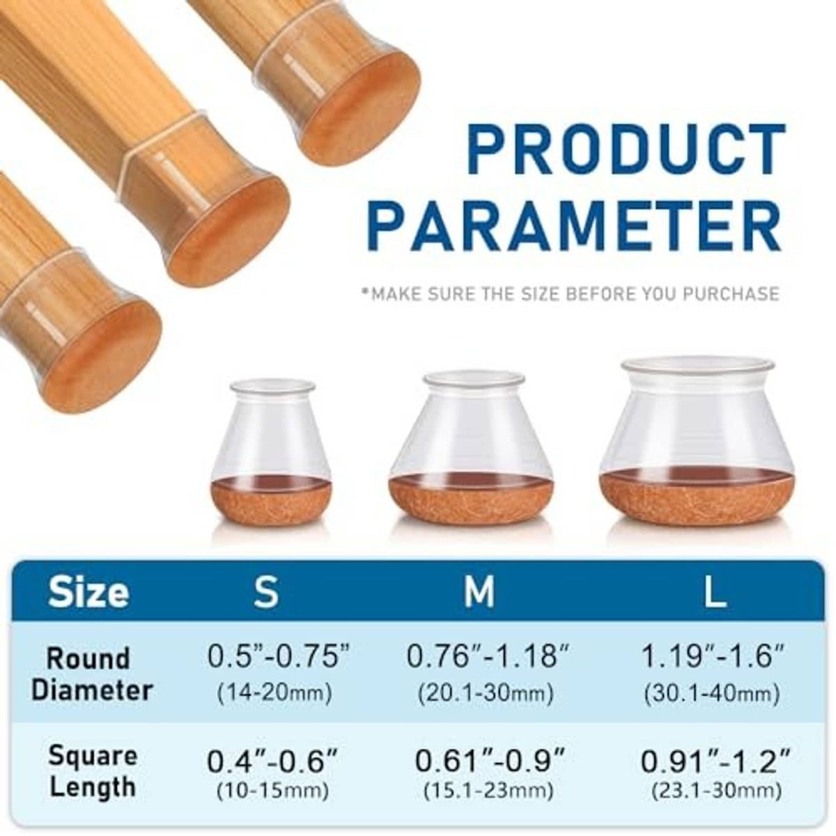 Silicone chair leg protectors with size guide for round and square fit
