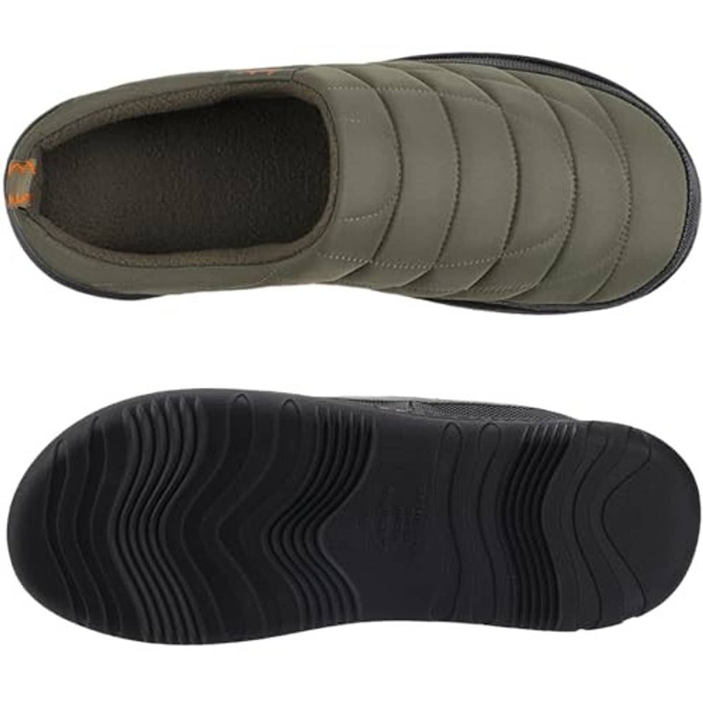 Men's olive green slip-on slippers, interior and tread sole views