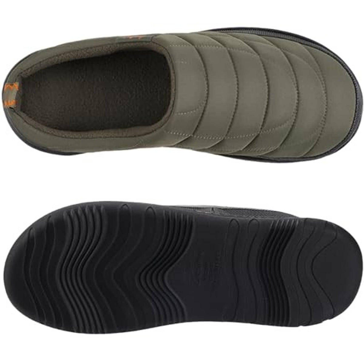 Men's olive green slip-on slippers, interior and tread sole views
