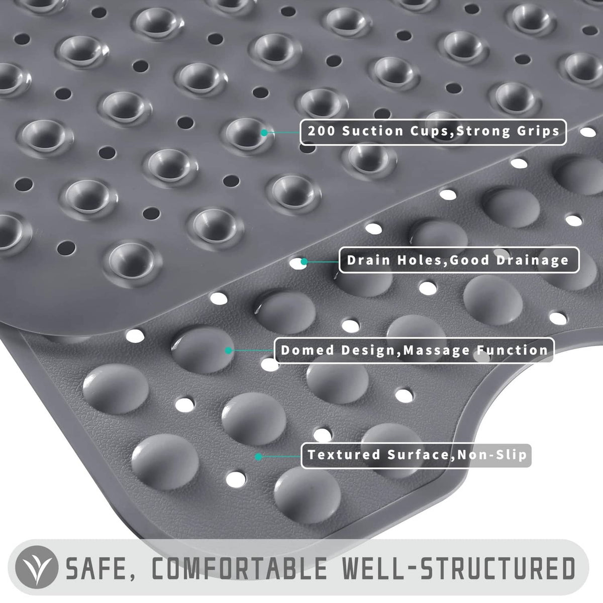 Gray bath mat underside with dome suction cups, drain holes, and non-slip texture