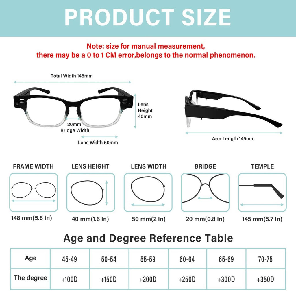 Black LED reading glasses with frame and lens size measurements diagram