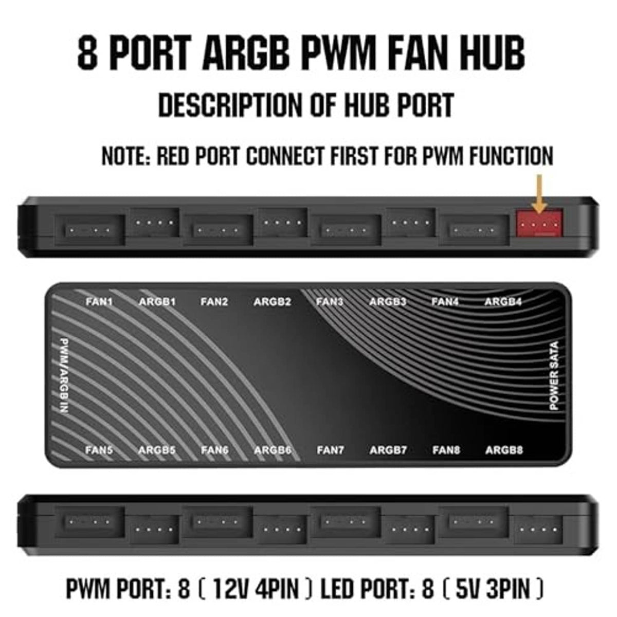 Black 8-port ARGB PWM fan hub showing multiple front PWM and ARGB port rows