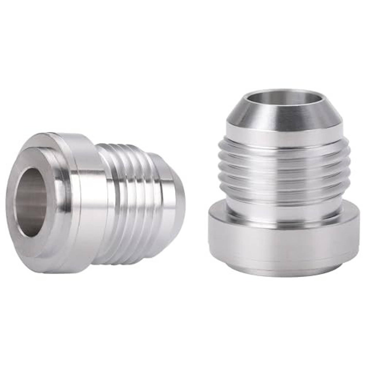 AN male flare weld-on bung adapter, silver, angled view of threaded ends (2-pack)