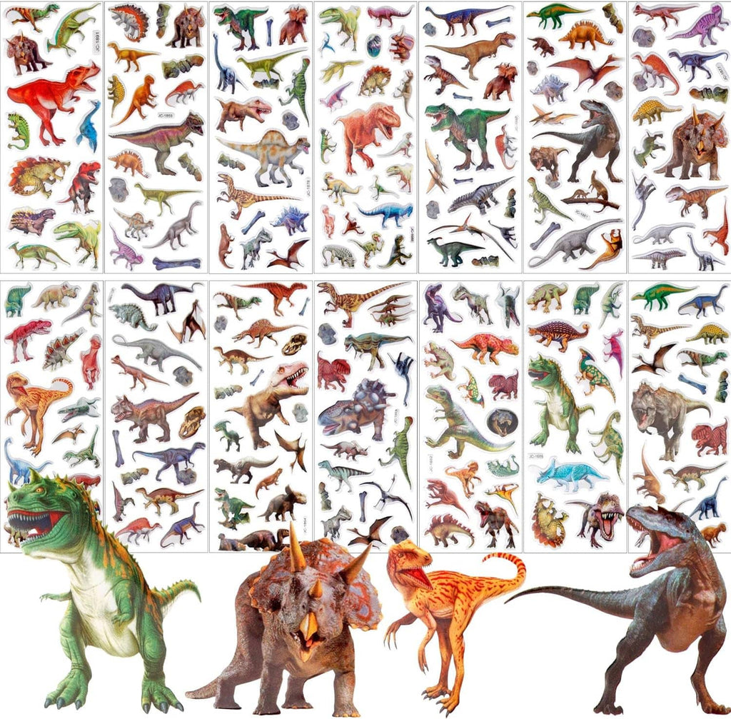 Kids dinosaur sticker sheets featuring 3D puffy dinosaurs and T-rex, triceratops