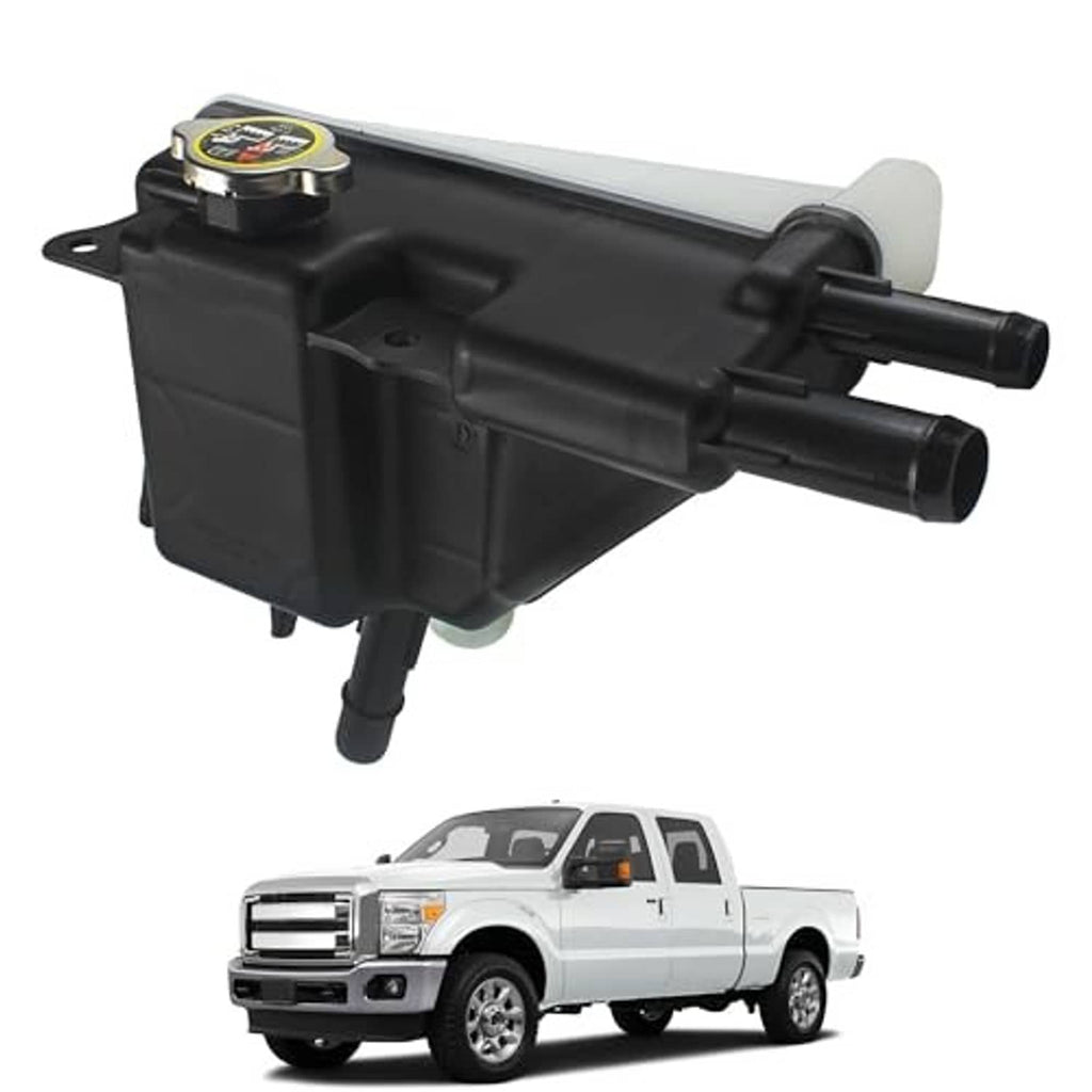 Engine coolant reservoir tank with cap, black body and translucent reservoir plus two outlet hoses