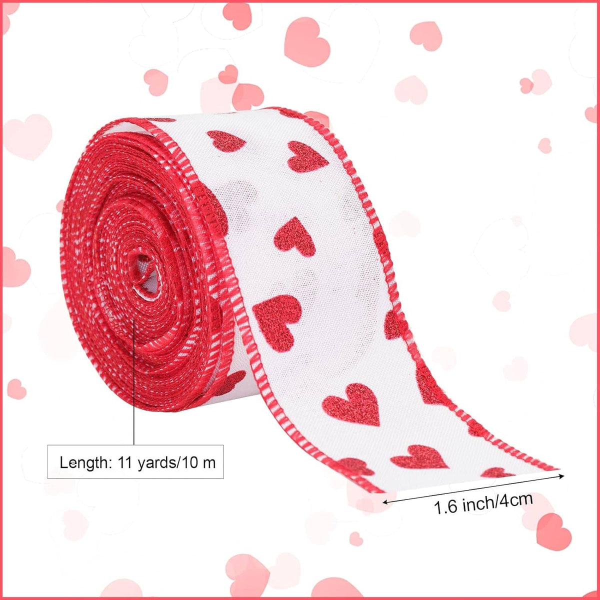 Rolled white ribbon with red hearts and wired edge; shows length and width measurements