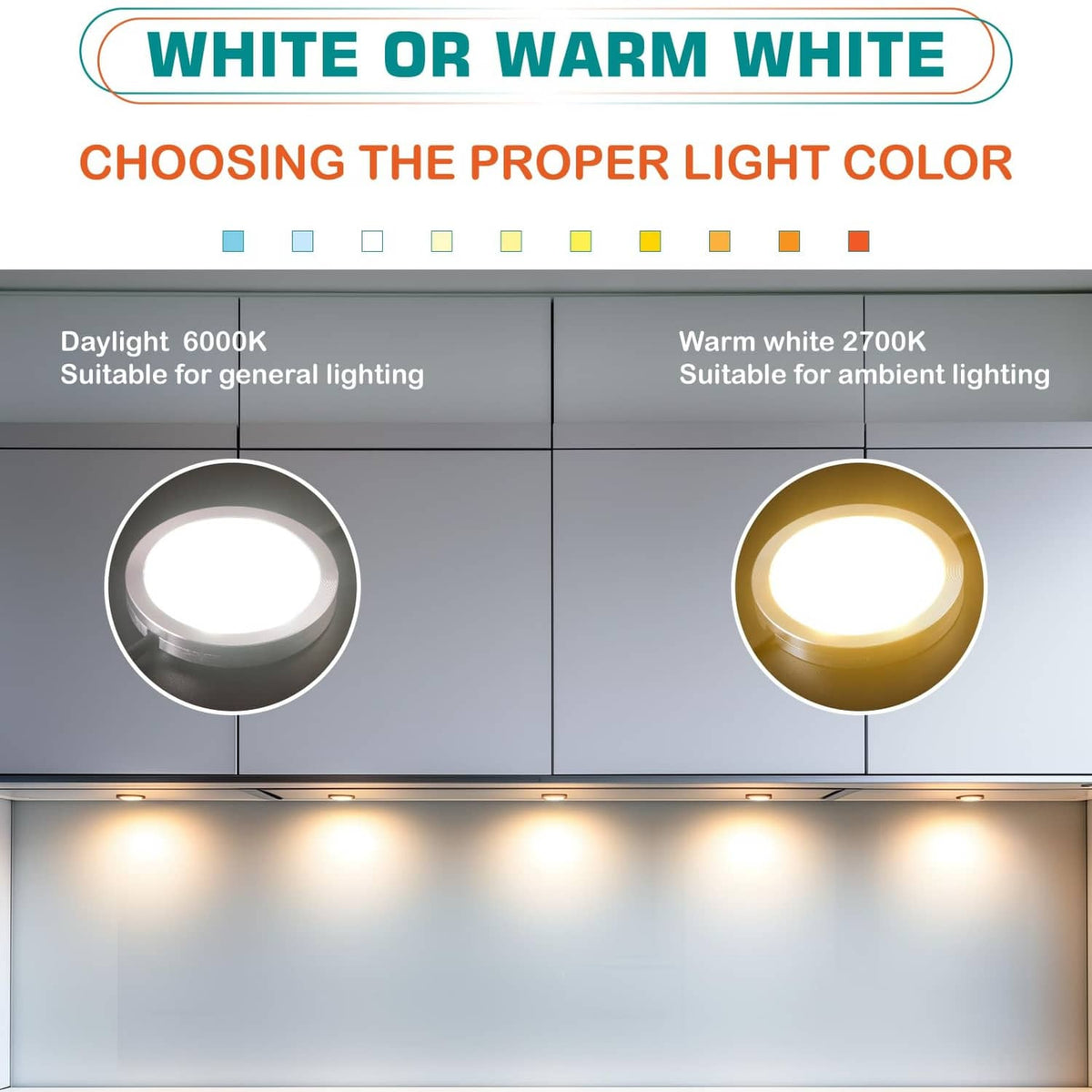 Two round LED puck lights showing daylight and warm-white light color options