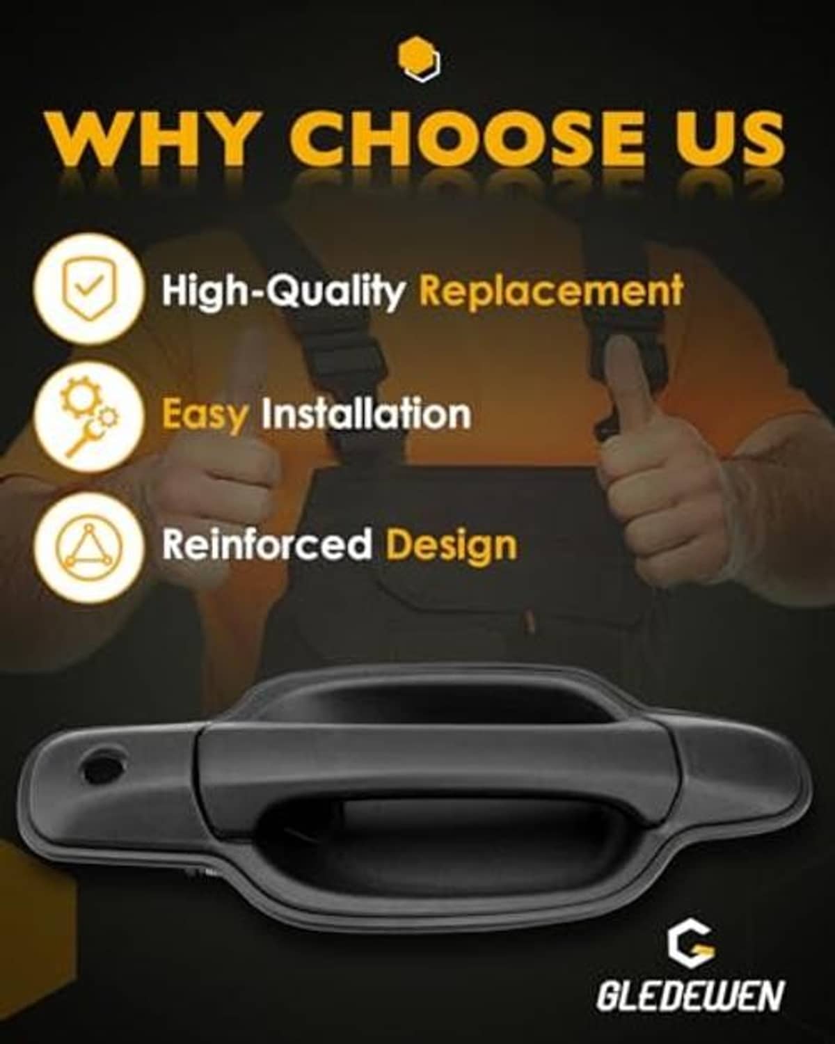 Gray exterior passenger door handle with low-profile lever shape and mounting hole