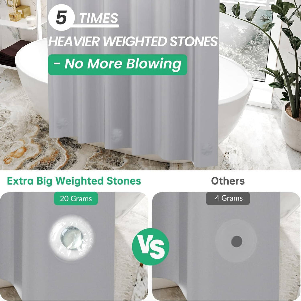 Grey shower curtain with weighted stones along the bottom hem for stability