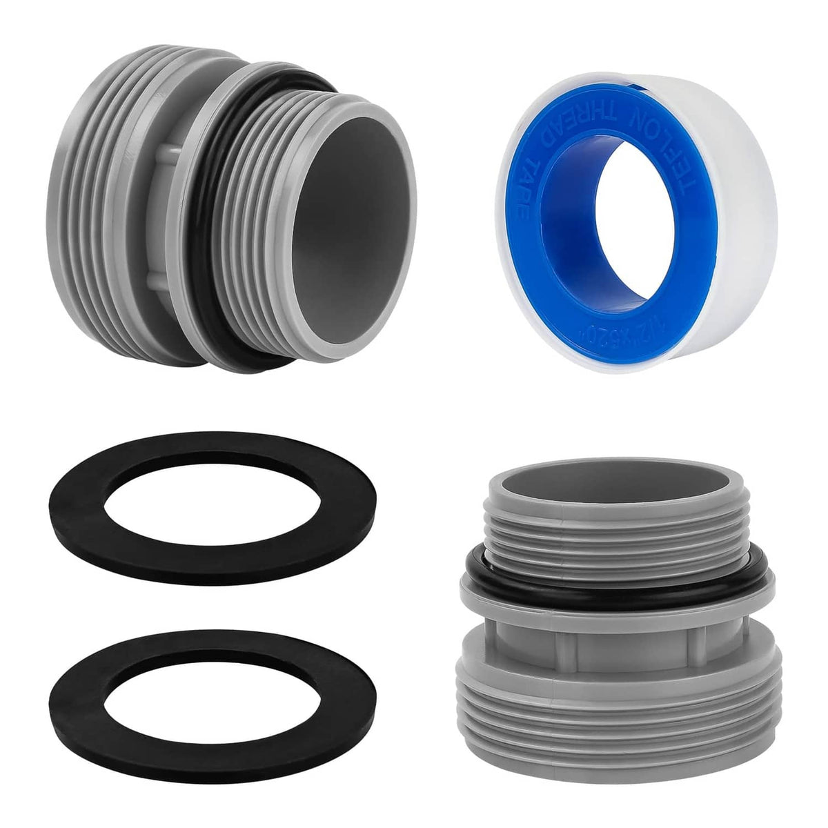 Hose adapter kit with gray threaded couplings and black O-ring gaskets, 2 pieces