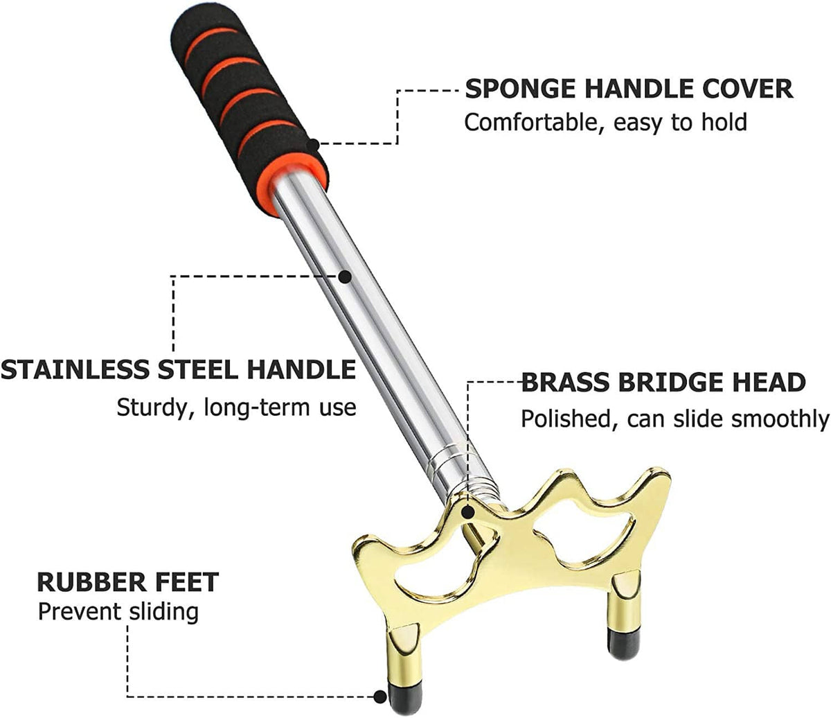 Retractable pool bridge stick close-up: black sponge grip, stainless handle, brass head