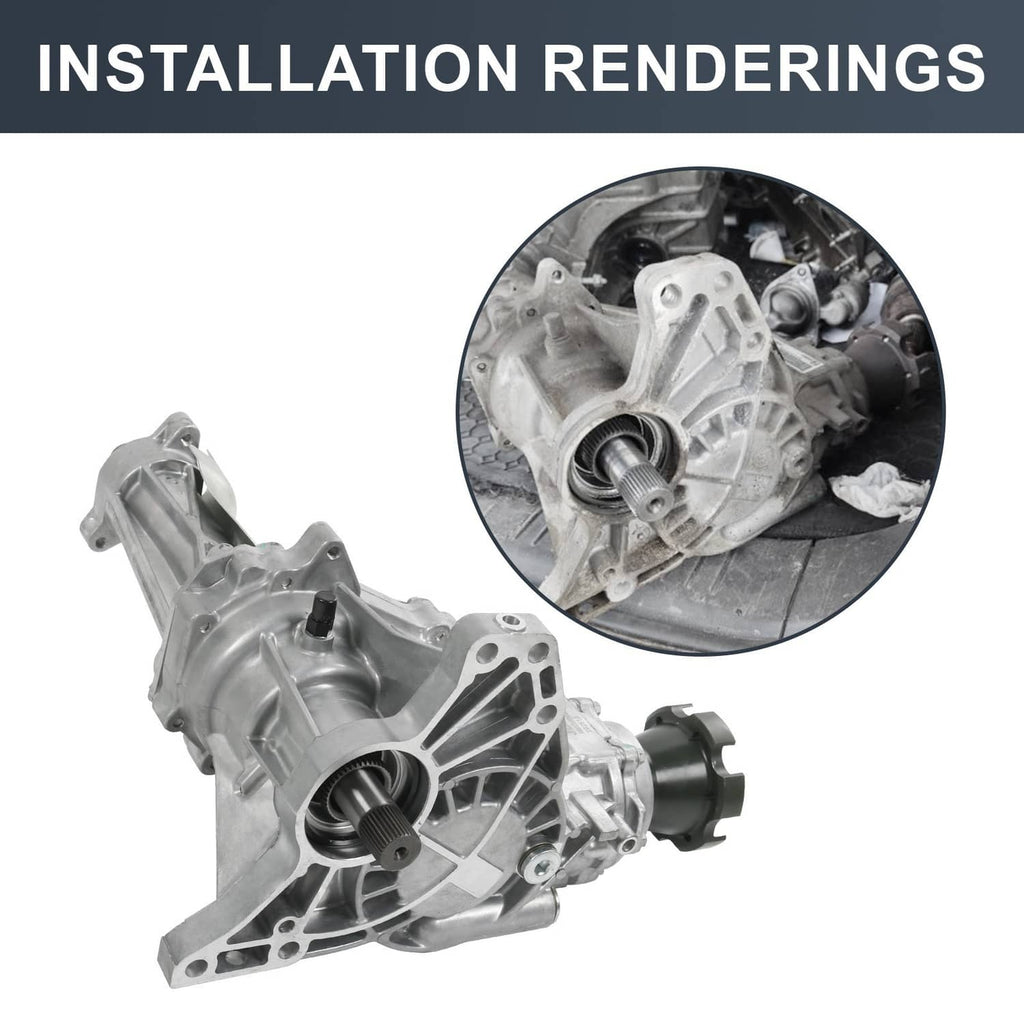 Transfer case assembly with side view and close-up of internal components