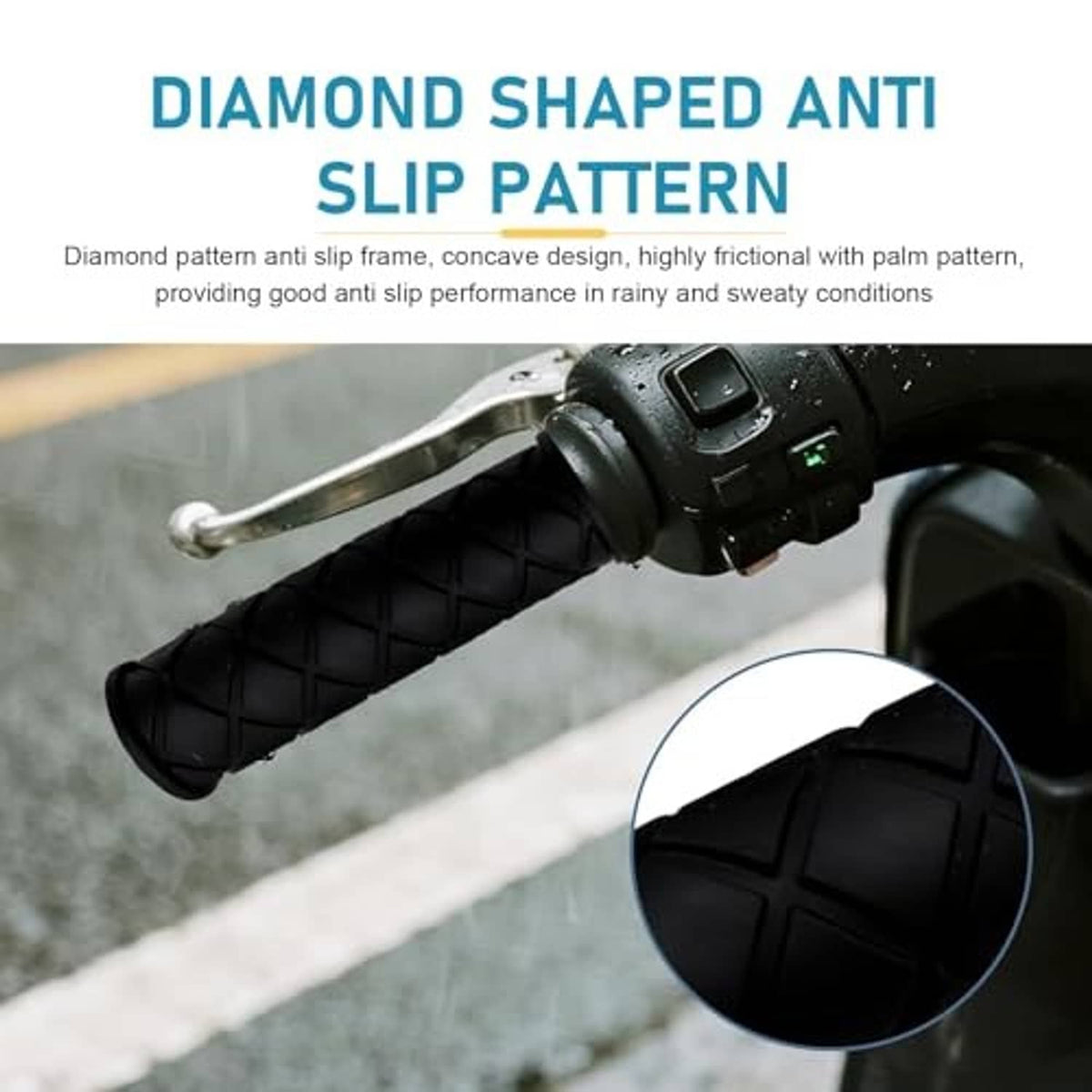 Black motorcycle hand grips with diamond anti-slip tread pattern