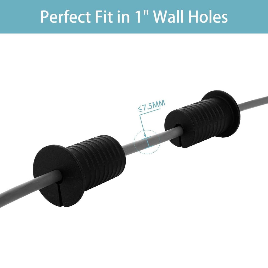 Black cable routing sleeves on cord with end caps for 1-inch wall holes