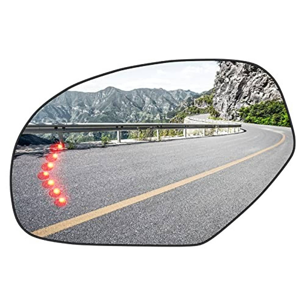 Heated left driver-side mirror glass with glowing defrost lines and curved shape