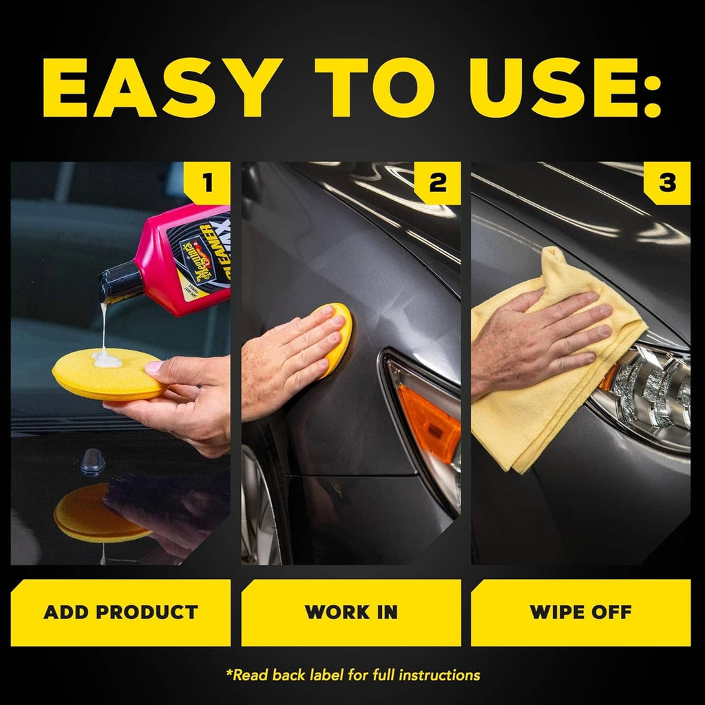 Car wax usage steps graphic: add product, work in, then wipe off