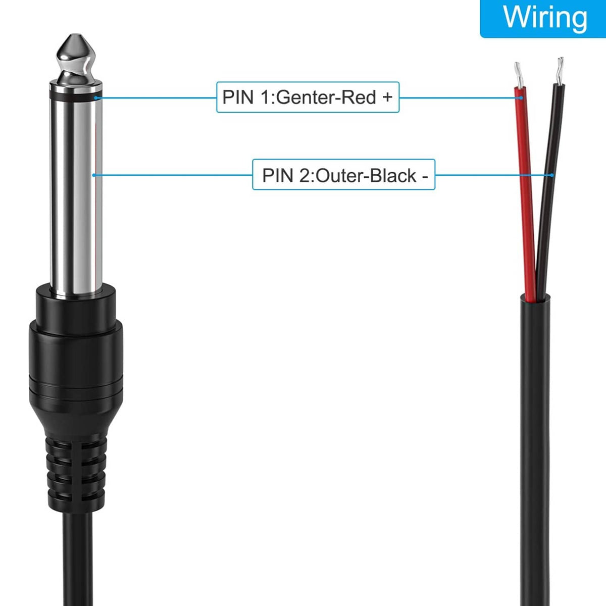 6.35mm male plug audio cable with bare red and black wire ends, black connector housing