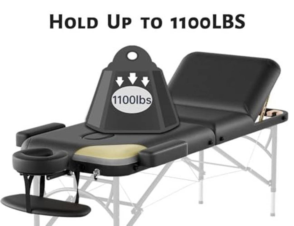 Portable massage table with black cushions and face cradle on sturdy folding frame