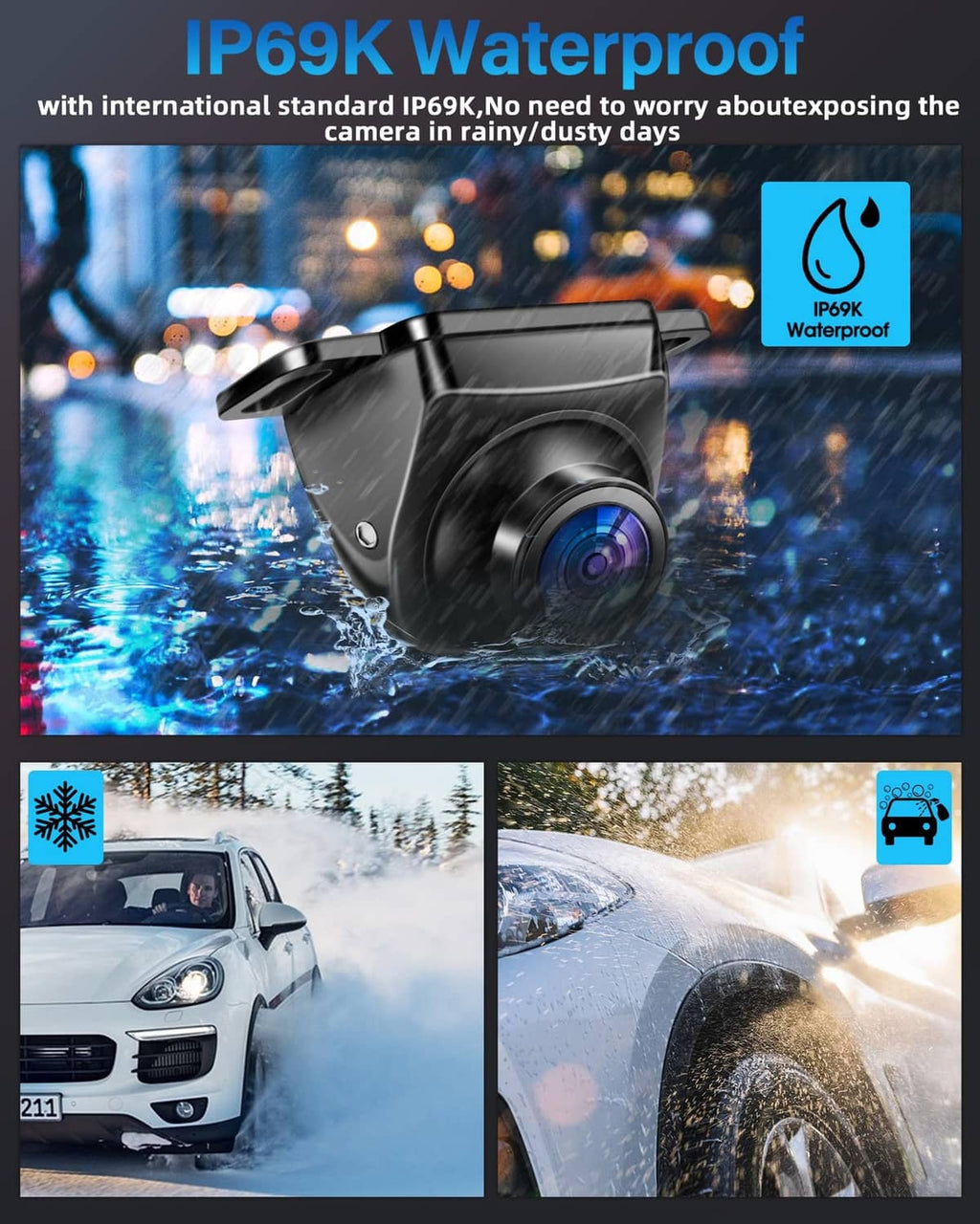 IP69K waterproof car backup camera with forward lens and water splash detail