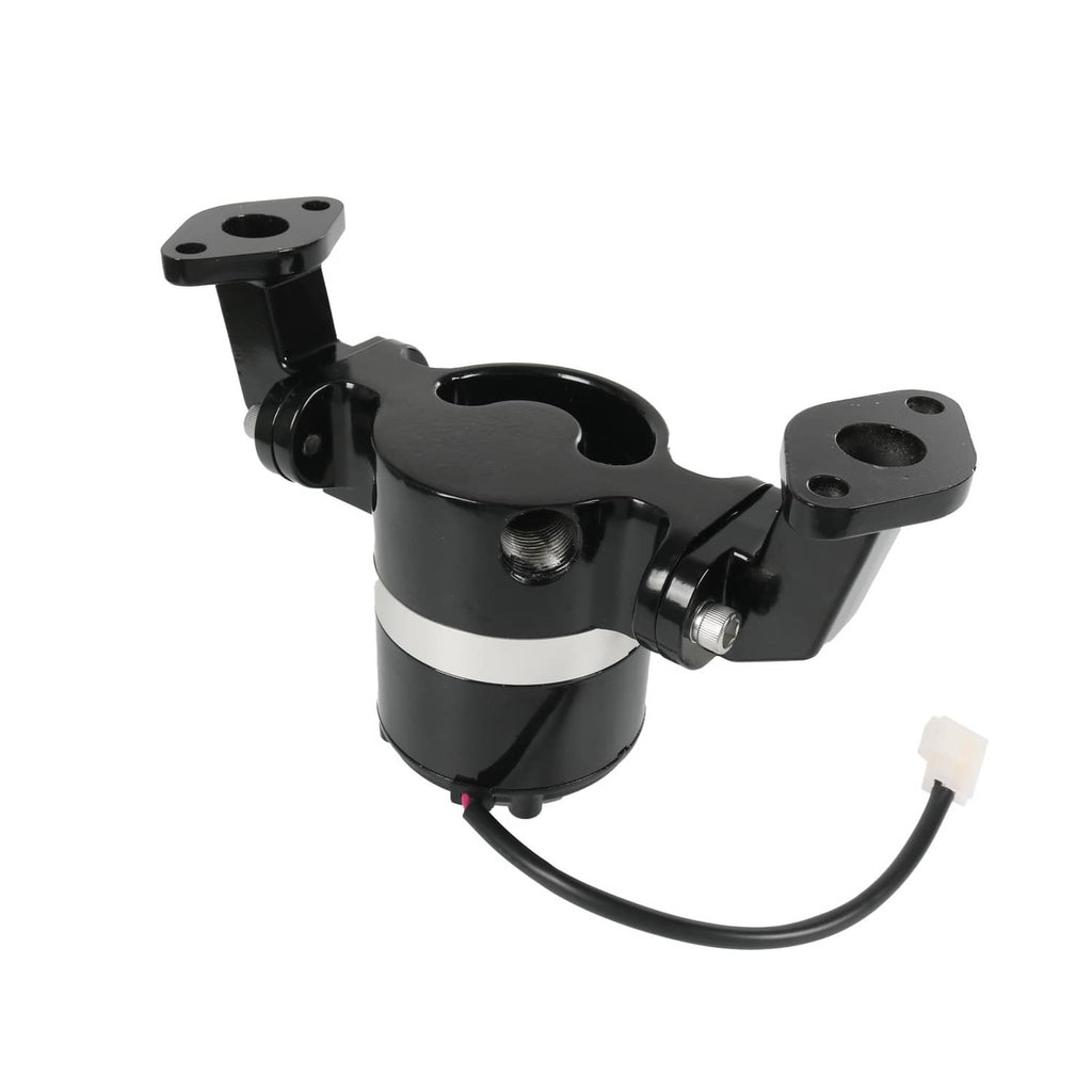 Black electric water pump with white electrical plug and silver mounting bolt