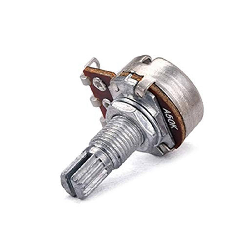 Metal potentiometer with threaded split shaft and three solder lug tabs, angled close-up