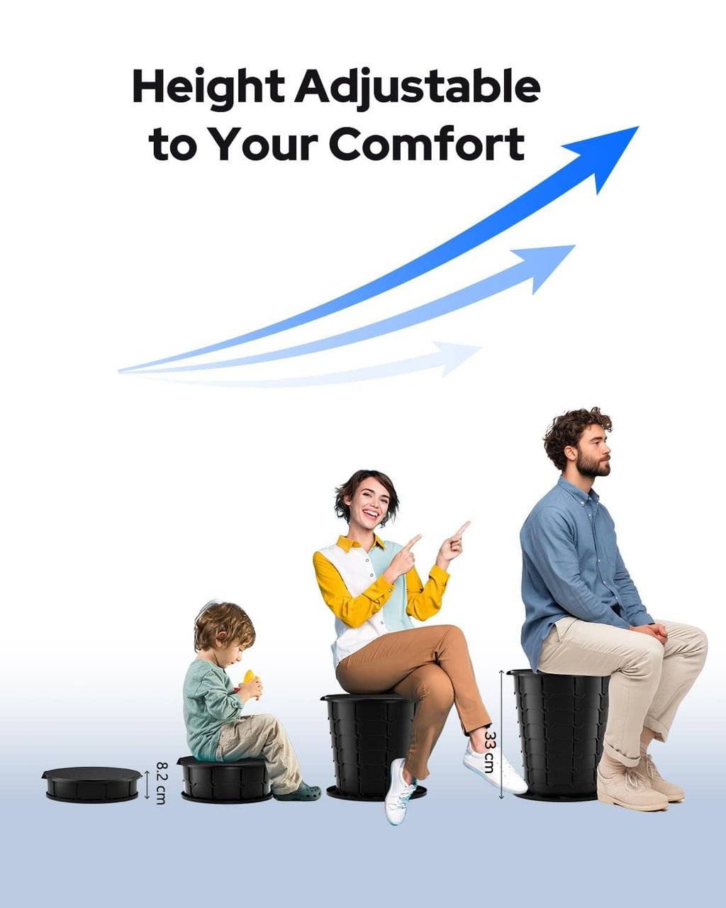 Black height-adjustable portable folding toilet shown during use