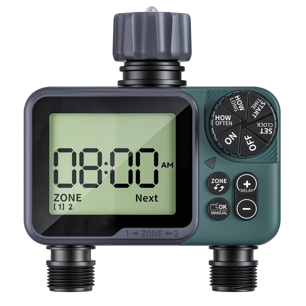 Green digital 2-zone garden hose sprinkler timer with LCD screen and dual outlets