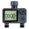 Green digital 2-zone garden hose sprinkler timer with LCD screen and dual outlets