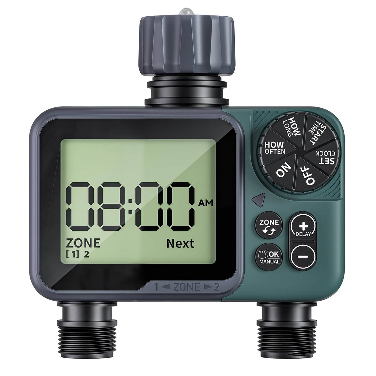 Green digital 2-zone garden hose sprinkler timer with LCD screen and dual outlets
