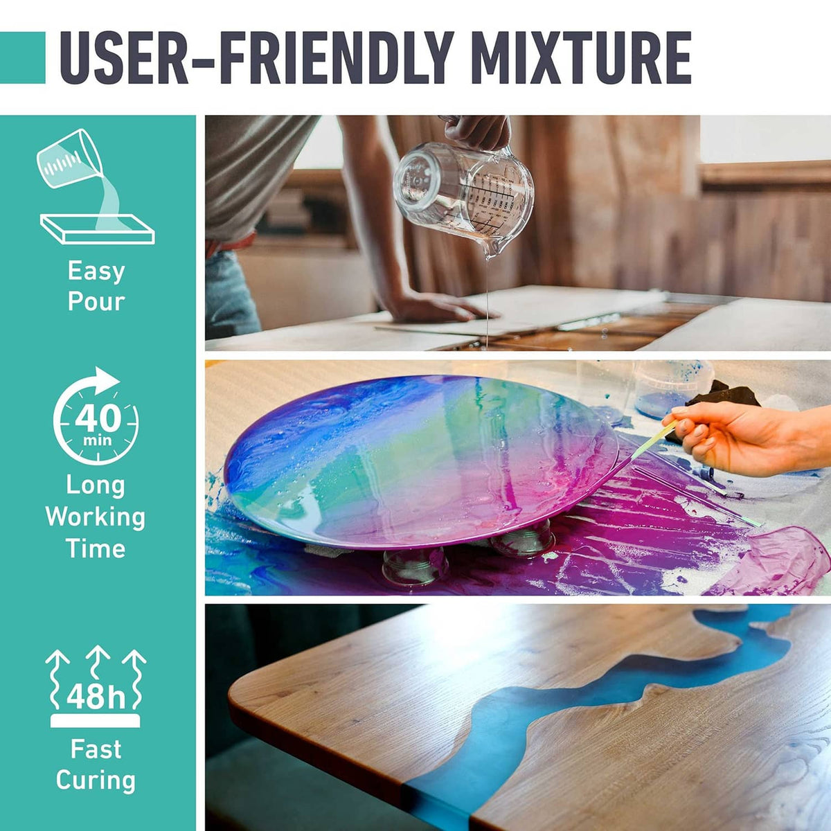 Epoxy resin pouring and spreading on a wooden tabletop with blue and purple swirls.