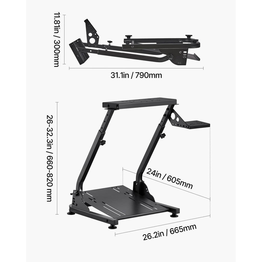 Foldable racing wheel stand with wheel bracket and base platform shown with measurements