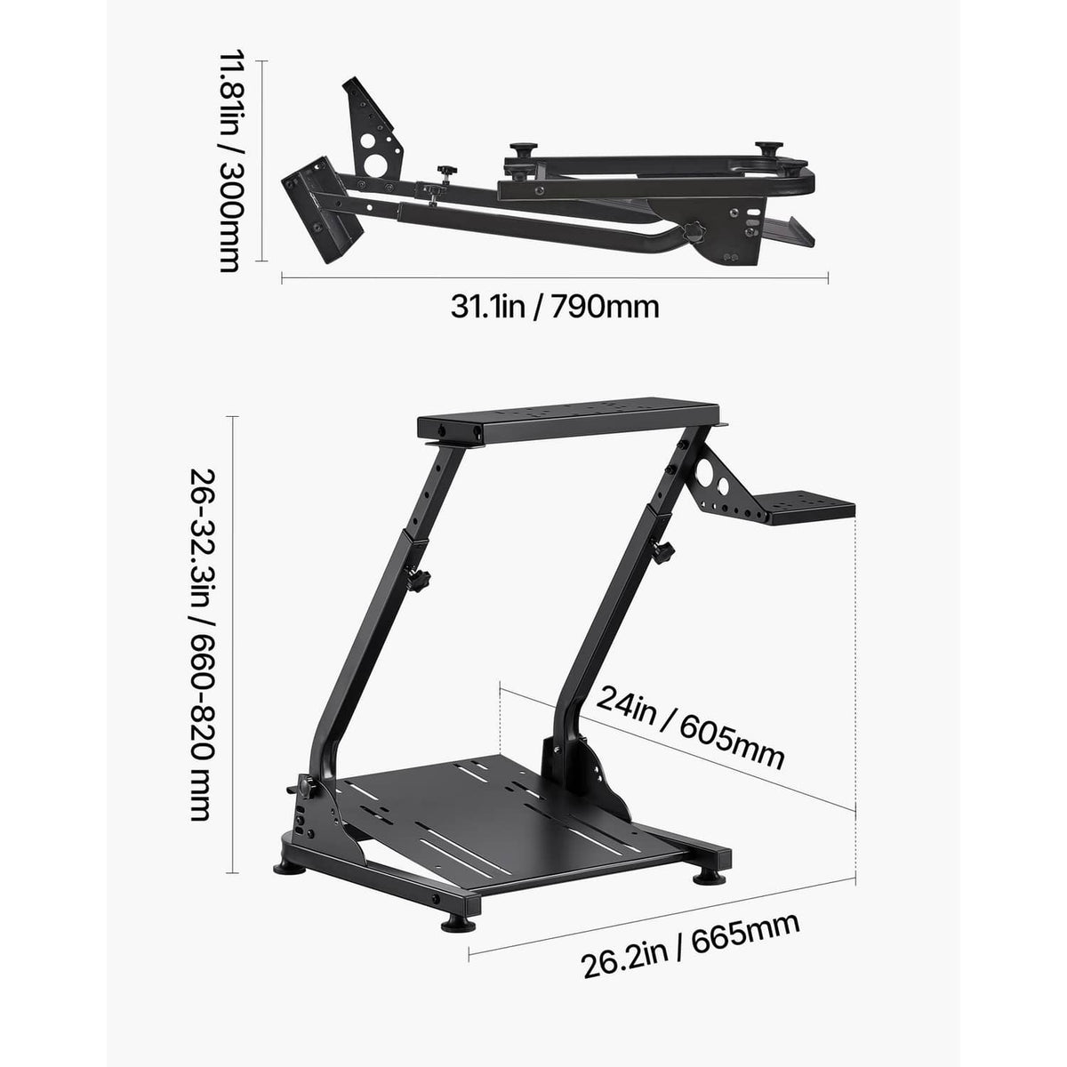 Foldable racing wheel stand with wheel bracket and base platform shown with measurements