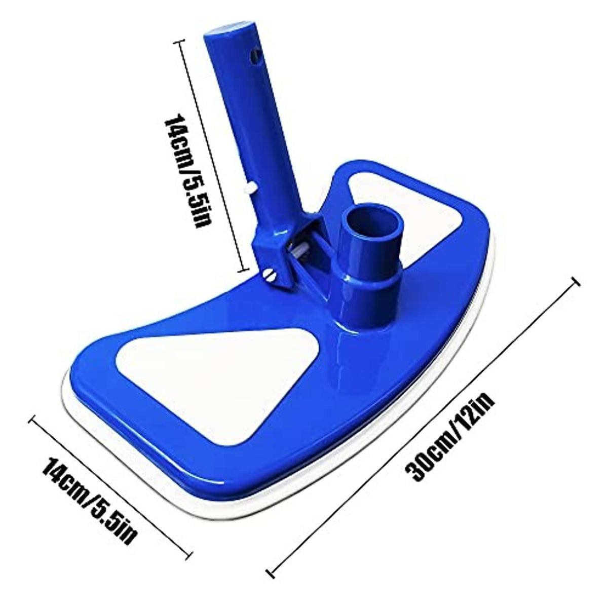 Blue weighted butterfly pool vacuum head with white brush pads and pole adapter