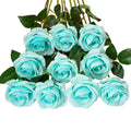 Teal blue artificial silk rose bouquet with green leaves, 10-piece set