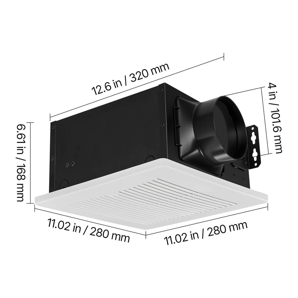 Bathroom ventilation fan with white grille and black blower outlet, top-side view with dimensions
