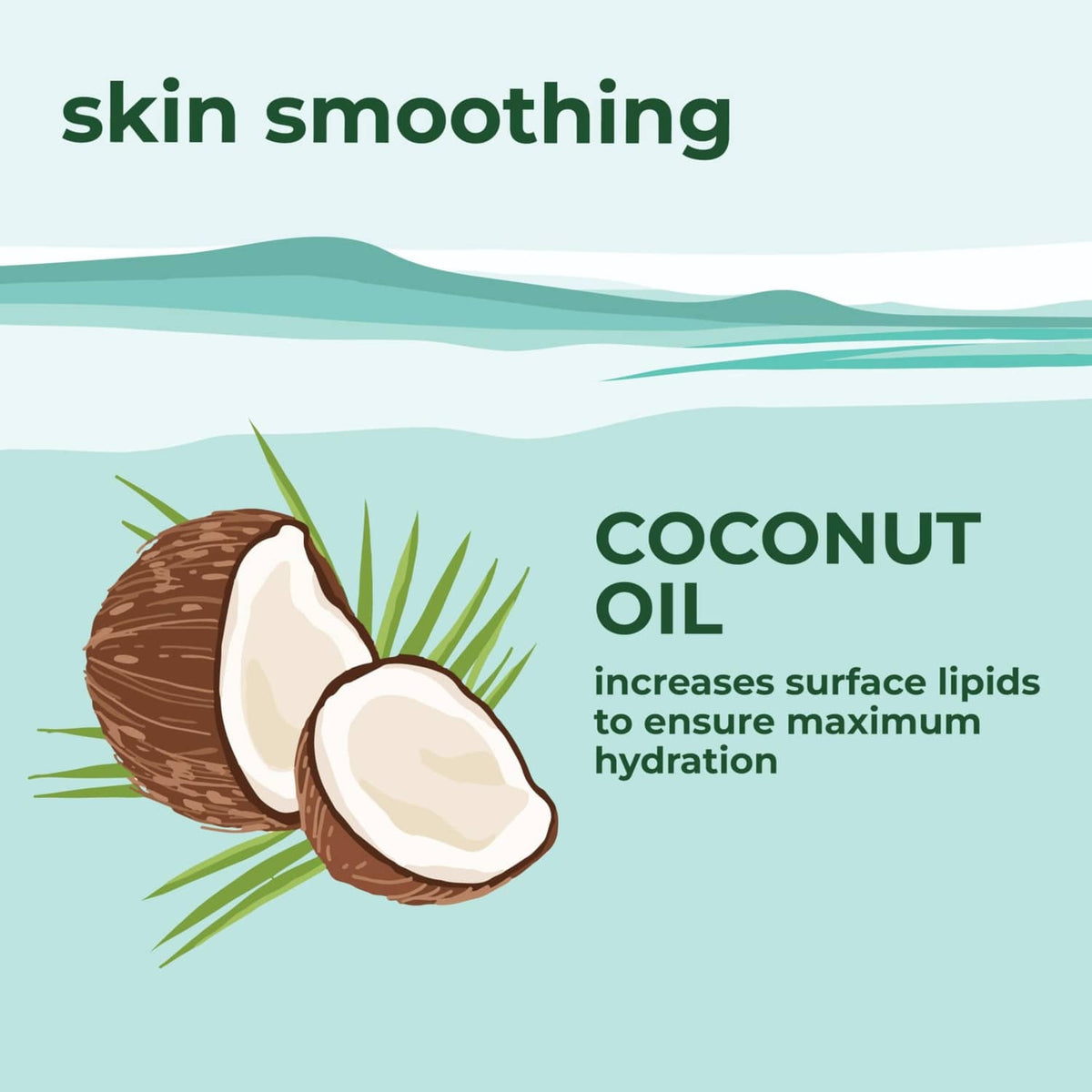 Coconut oil skin smoothing graphic with text and coconut halves illustration