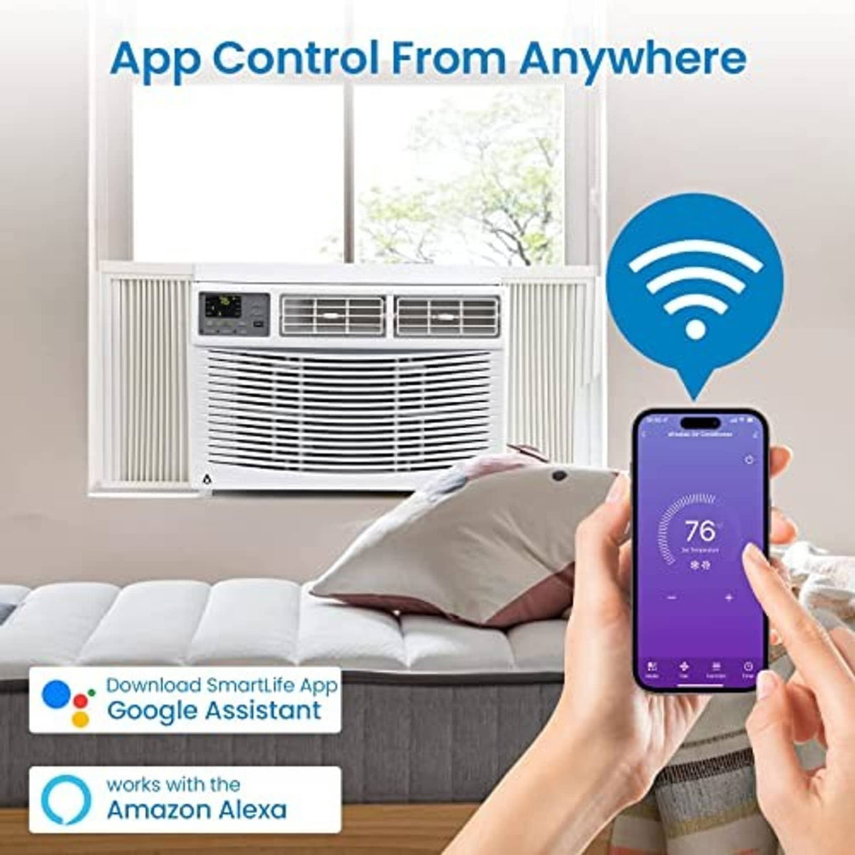 White window air conditioner with smartphone showing temperature control