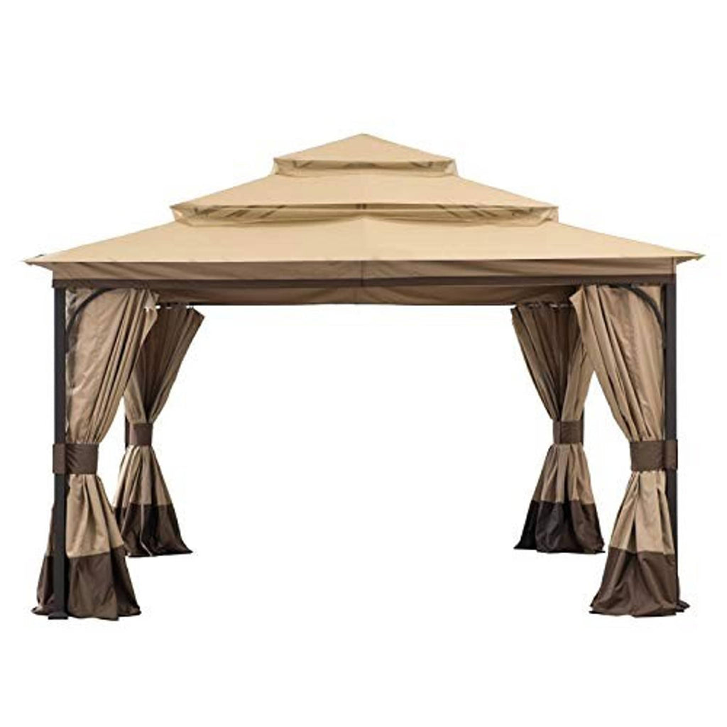 Tan three-tier patio canopy top cover with corner curtains and posts