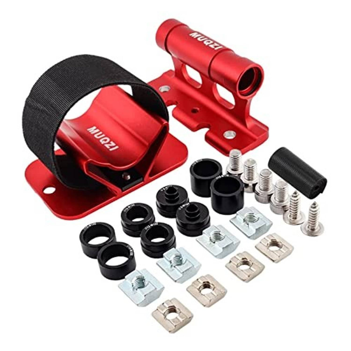 Red bike fork car roof rack support kit with black strap and metal mounting hardware