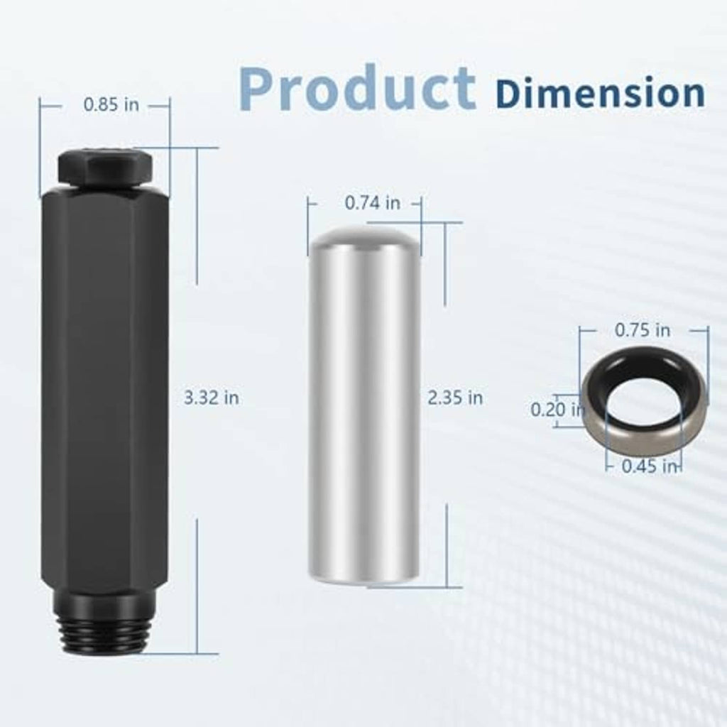 Transmission shift seal tool product dimension graphic with black installer and steel sleeve