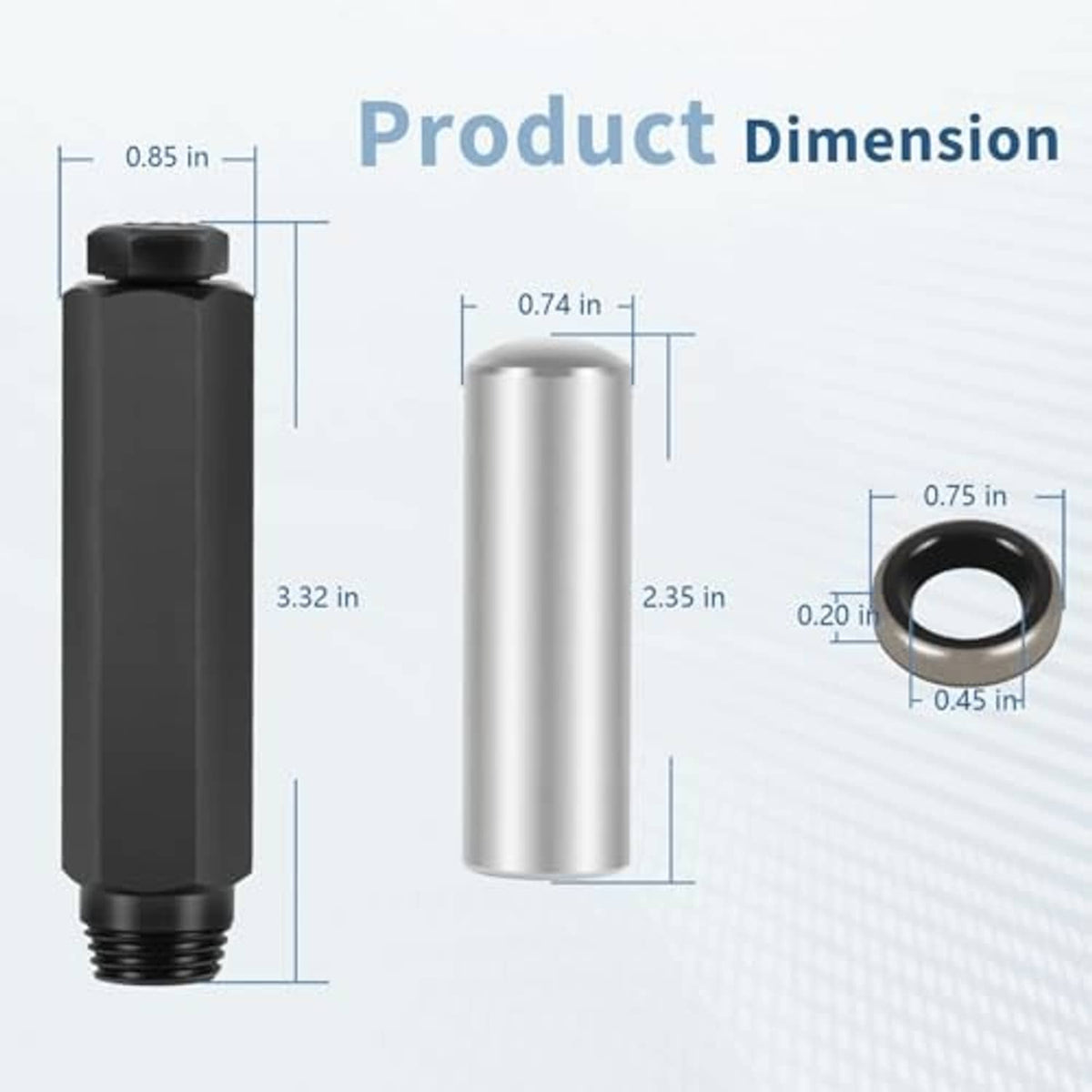 Transmission shift seal tool product dimension graphic with black installer and steel sleeve
