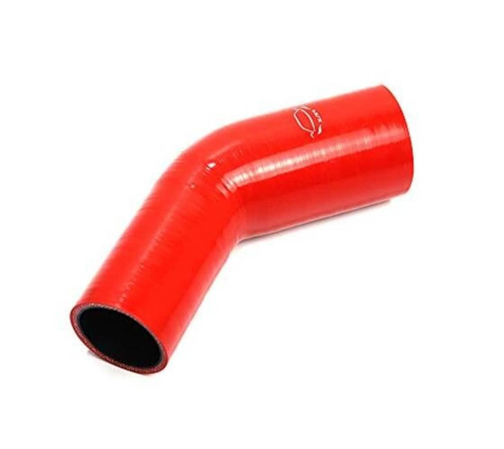 Red 45-degree elbow hose coupler with black inlet opening and glossy finish