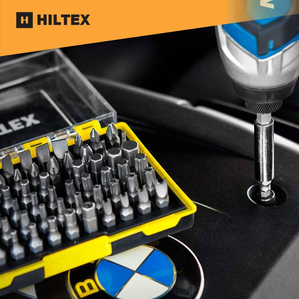 Hiltex security bits set with driver bit and extension, case open on workbench