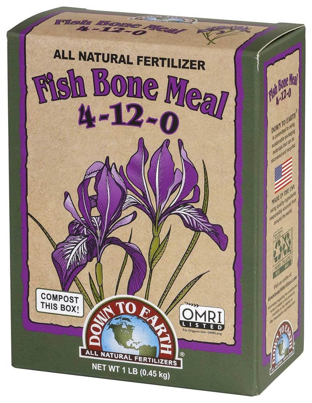 Side-view fish bone meal fertilizer box 4-12-0 with OMRI label and Down To Earth