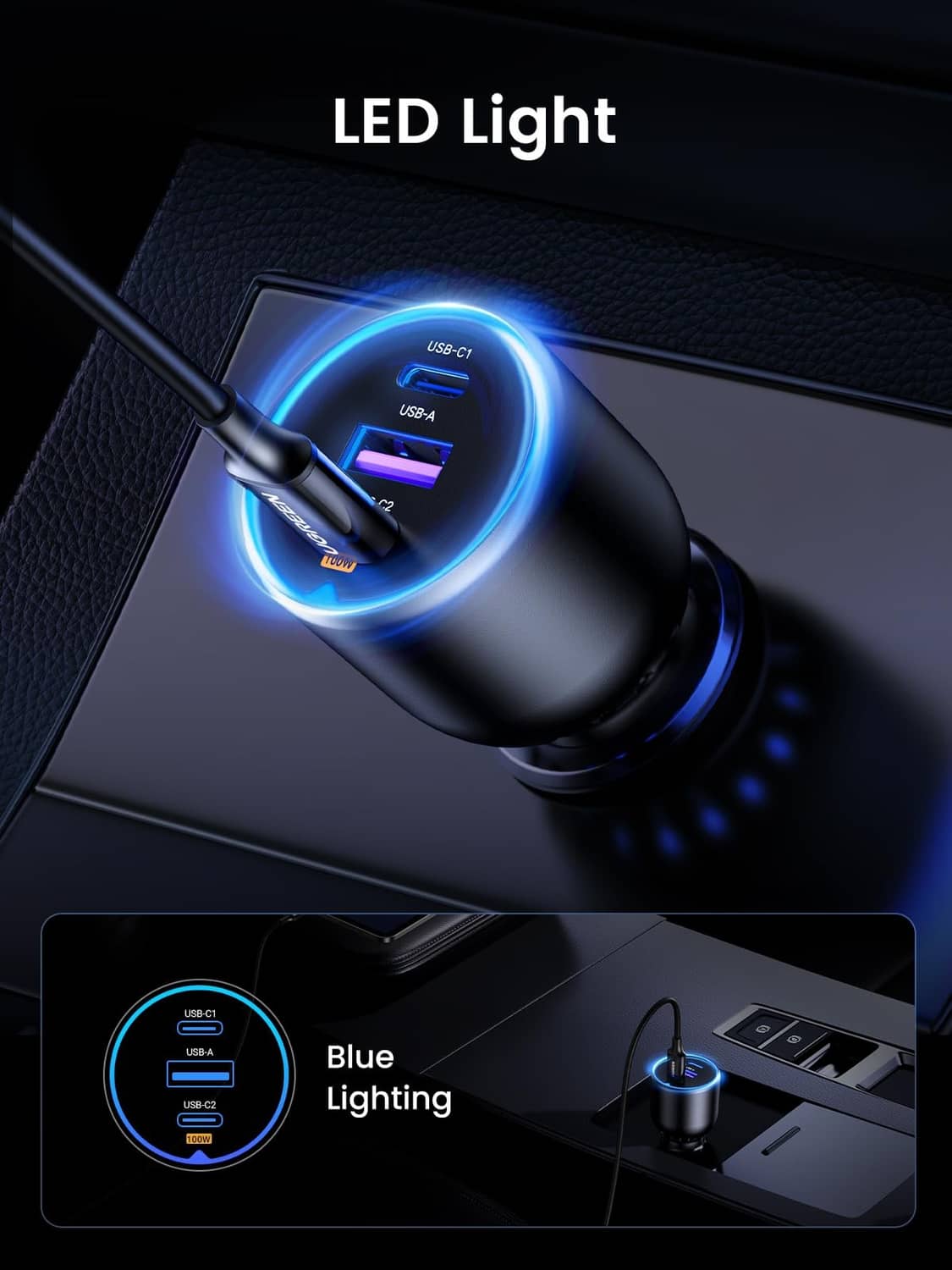 Car USB-C charger with bright blue LED ring and two visible charging ports