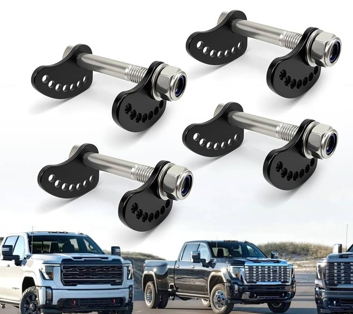 Cam bolt kit with multiple black cam plates and silver bolts for upper arm alignment