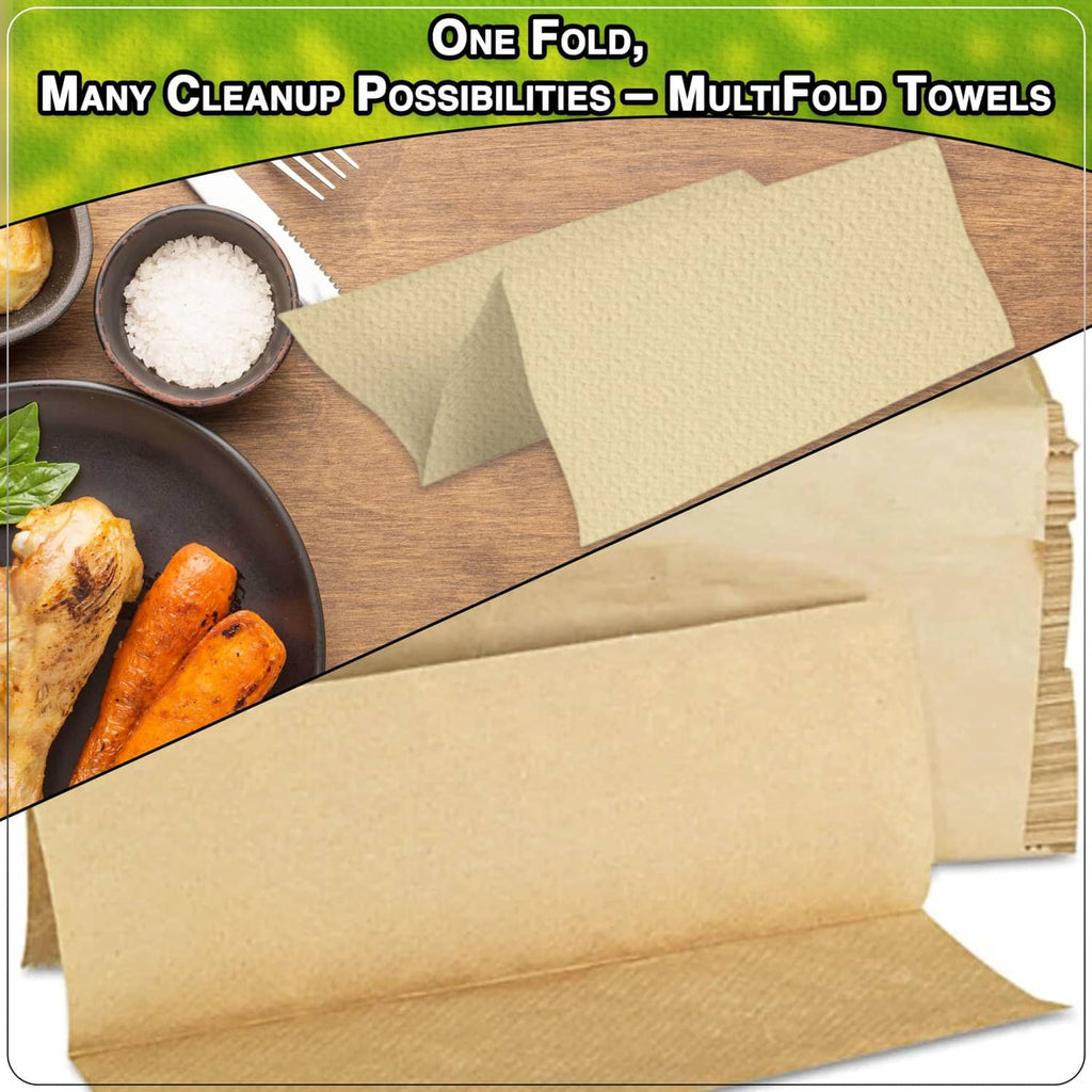 Kraft multi-fold paper towels, neatly stacked brown sheets with one open flap