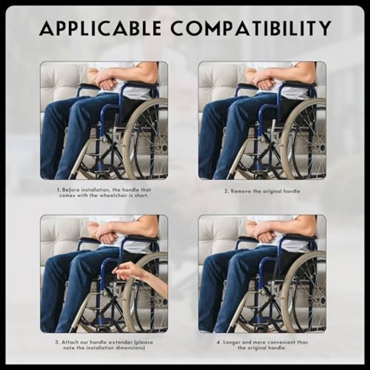 Wheelchair brake handle extender set, black pair shown for attaching to brakes
